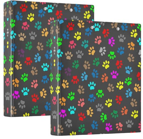Quteprint Ringbuch mit 3 Ringen, bunte Katzen- und Hundepfotenabdrücke, 3,8 cm, runder Ringordner mit 3 transparenten Innentaschen, Ordner-Organizer mit Klemmbrett für Büro, Zuhause, Schule, hält 200