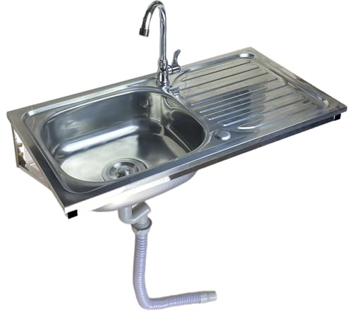 Wandmontierte Outdoor Waschbecken Edelstahl Spültisch Gastro Spüle mit Armatur Küche Spülbecken Waschtisch Küchenspüle Außenbecken Edelstahlspüle für Außen Restaurant Waschküche Garage Badezimmer RV
