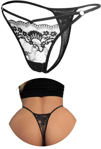 ohyeahlady Mini String Ouvert Femme Sexy Chic Hot Ficelle Grande Taille String Tanga Dentelle Coton sans Couture Micro String Bain Bikini Lingerie Femme Dentelle sous Vetement T-Back(XL, Noir)