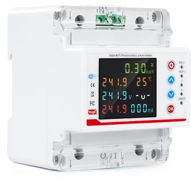 Contatore di energia WiFi intelligente, guide DIN, contatori di energia, 2P 100A Tuya WiFi Smart bidirezionale misuratore di potenza fuoriuscita sotto protezione di tensione per casa, appartamento