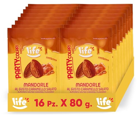Life | PARTYCOLARI DOLCI Mandorle Gusto Caramello Salato, Snack Croccante, Perfetto Come Arricchitore di Dolci, Non Fritto, 16x80g