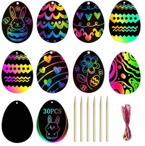 AUXHCYL 30Pcs Easter Scratch Art, Egg Decorations Papers,Easter Crafts for Kids, Easter Activity Arts Gifts for Kids Party Bag Fillers