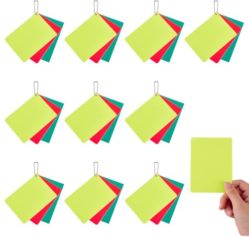 OLYCRAFT 30 carte per arbitro in PVC, 3 colori, 10,9 x 7,9 cm, set di carte per arbitro di calcio, rosso, verde e giallo, con catene per etichette, per competizioni sportive, gioco di calcio