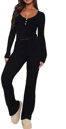 LACOZY Women's Long Sleeve Top 2 Piece Pajama Set Fitted Y2k V Neck Versatile PJ Set Yoga Loungewear Workout Sets Black XL