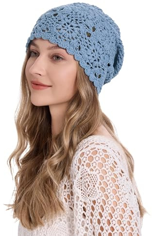 ZLYC Women Cotton Crochet Slouchy Beanie Hat Handmade Knit Summer Skull Cap, Solid Mild Blue