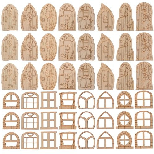 Housoutil Lot de 64 mini portes en bois non peintes pour maison de lutin non peinte, porte miniature à faire soi-même, porte de fée, kit de fenêtre pour mur, maison, Noël