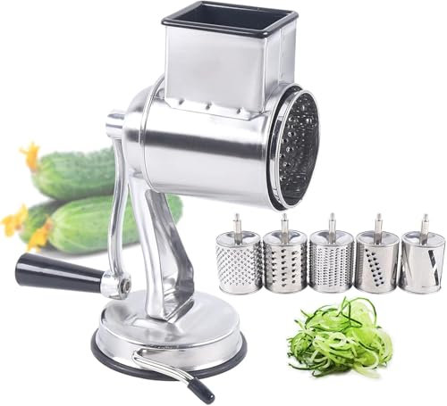 Rallador de queso con manivela, rallador de verduras eléctrico con 5 cuchillas desmontables, corte rápido, cortador de verduras, rallador de cocina con manivela para queso, helado, nueces, pepino