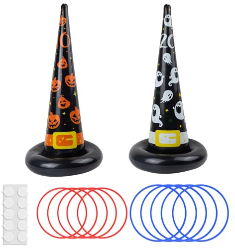 Halloween Juego de Lanzamiento, 2 Sombreros de Bruja inflables con 10 Anillas de plástico para Juegos de Fiesta de Halloween en Interiores y Exteriores