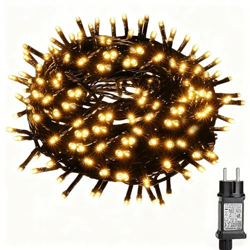 Luces Navidad Exterior, 23M 200 LEDs Luces Arbol Navidad con Adaptador, 8 Modos & Memoria, Impermeable Cadena de Luz Decoración Navideña para Festivales Boda Fiesta Jardines Patio(Blanco Cálido)