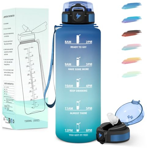 Motswedi Gourde 1,5l, avec Paille, Gourde Sport, Anti-Fuite, Bouteille, Réutilisable, Bouteille d'eau, avec Marqueur de Temps, pour Fitness, Yoga, Sport, Camping, Gym, Travail, Bleu Vert