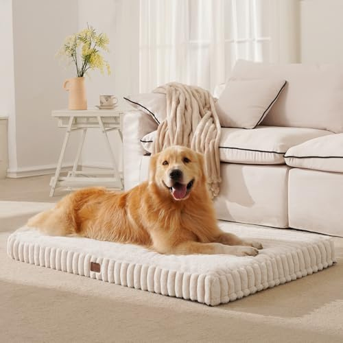 DOPEDIO Dog Bed Cream White L, Waterproof Removable Cover,Calming Crate Mattress with Anti Slip Bottom,Soft and Warm