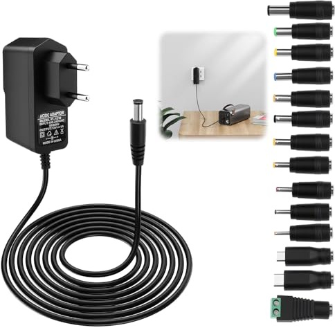 Amztour 12W Adaptador de Corriente Universal con 14 Enchufes 12V 1A Cargador de Fuente de alimentación AC 100-240V 50/60Hz para Cámara CCTV, Tira LED, Caja de TV, Router 1000mA Max | 5,5 x 2,5 mm, 50/60 Hz con 14 puntas para router, cámara, TV Box, tira LED