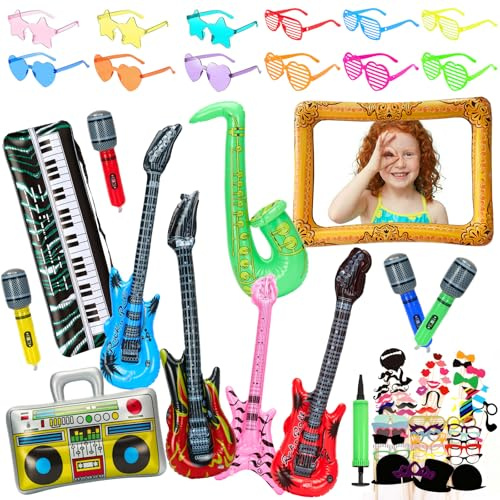 83Pcs Inflatable Instruments Party Props with Funny Sunglasses Set, Inflatable Rock Star Toy Guitar Saxophone Bass Microphones Recorder Piano Photo Booth, 80s 90s Rock N Roll Music Party Decorations