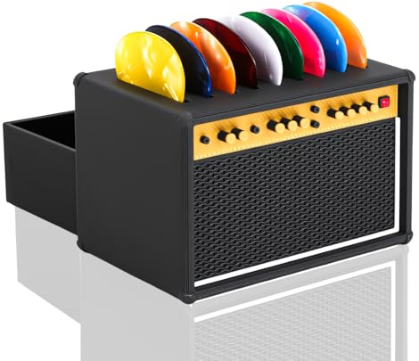 Guitar Picks Holder Box, Amp Speaker Styled Pick Holder with 5 Celluloid Guitar Picks, Guitar Pick Display Holder Pick Storage Box Set for Guitar Players