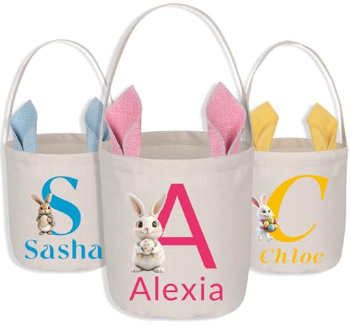 JJ GRADGOWN Personalised Easter Egg Hunt Basket, Custom Name Bunny Rabbit Bag, Kids Party Bag, Easter Bonus Gifts for Family Son Daughter (Style 1)