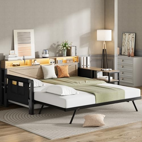 Divano letto con letto Estraibile Regolabile 90 x 200 cm, Letto Matrimoniale in Metallo con Testiera Illuminata LED e Porte USB, Mensole Laterali e 3 Cassetti, Letto per gli ospiti(Materasso Non)