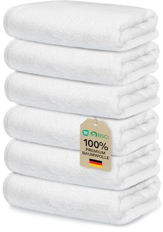 Lot de 6 Serviettes de Toilette 50x100 cm Blanc en 100% Coton 500 g/m², Essuie Main Grande Taille Douces Résistantes et Durables Certifiées Oeko-TEX