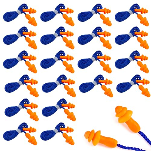 Silikon-Ohrstöpsel mit Schnur, 40 Paar, Wiederverwendbar, Geräuschunterdrückung 25dB, für Schlafen, Arbeiten, Schwimmen, Reisen