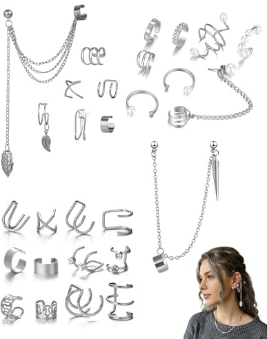 ZAMXHUG 28 pièces Manchette D'oreille Réglable Clip Wrap Boucle D'oreille Femmes Non Piercing Cartilage Chaîne Manchettes D'oreille Étoile feuille Faux Hélix Boucles faux piercing oreille