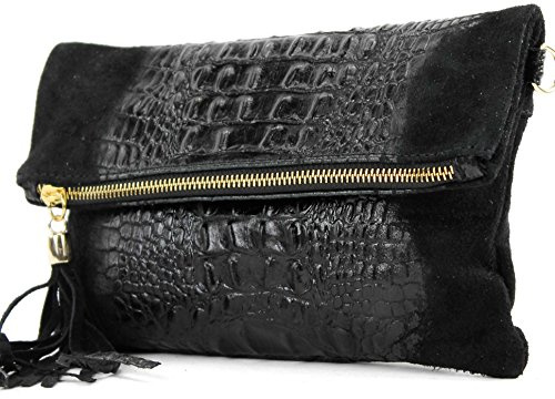 modamoda de - T54KR - ital. Umhängetasche Wildleder/Kroko, Farbe:Schwarz Wildleder/Kroko