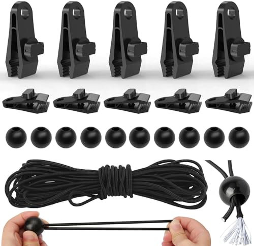 Set di 20 Clip per Telone, 10 Tenditori, Fissaggio per Carichi Pesanti, Linoleum, Tenda in Plastica, 5 m, Elastici Con Sfera (10 Pezzi)