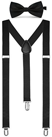 Boolavard Solid Color Mens Suspender Bow Tie Set Clip On Y Shape Adjustable Braces (Black)