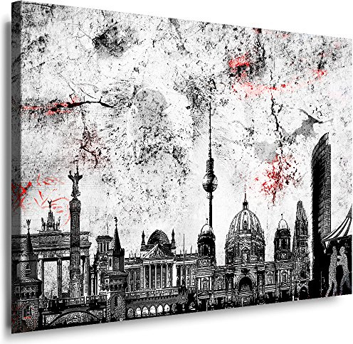 Wandbild 100 x 70 cm Stadt Wandbild Berlin Bild auf Leinwand mit Rahmen XXL Leinwandbild Skyline Kunstdruck Bär Silhouette Abstrakt o101-5