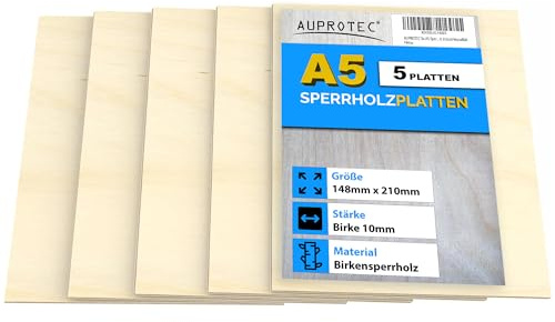 AUPROTEC 5x A5 Sperrholz-Platten Birke 10mm Multiplexplatten (148 mm x 210 mm) Bastel- und Laubsäge-Holzplatten Birke Massiv Multiplex Holz Industriequalität