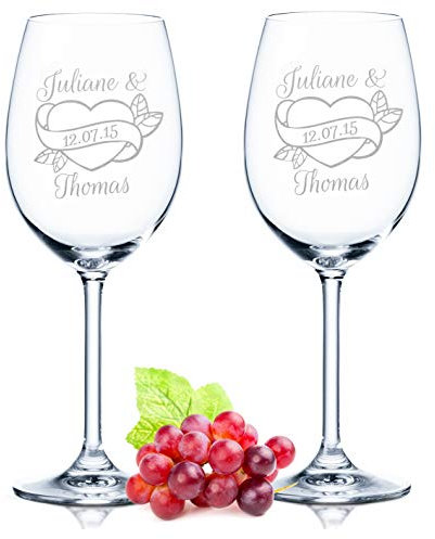 Leonardo Copas de vino con grabado de nombre y fecha en el diseño de corazón de Wedding Heart, Regalos Personalizados para Parejas, Regalo de Boda o Compromiso Personalizado