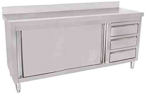 Beeketal 'BAS180-60R' Gastro Edelstahl Küchenschrank mit 3 Schubladen (rechts), 2 Rolltüren und 4 verstellbaren Standfüßen, Küchen Arbeitsplatte mit 10 cm Aufkantung - (L/B/H) ca. 1800 x 600 x 950 mm