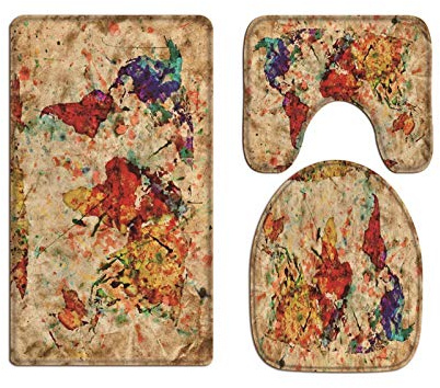 A.Monamour Badezimmer Badematte 3 Teilig Set Bunte Vintage Alte Weltkarte des Aquarells Flanell WC Toilette Deckel Deckt Bad Matte Teppich Badteppiche Badvorleger Badgarnitur Vorleger