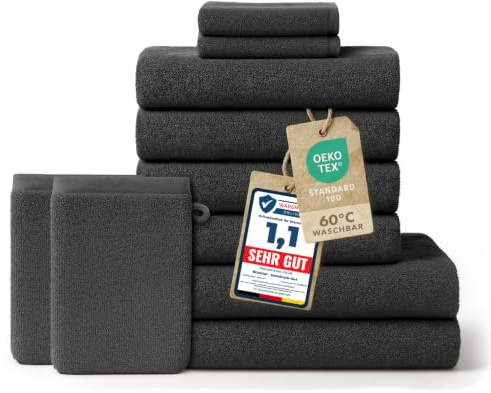 Blumtal - Handtuch-Set – 2 Badetücher – 4 Handtücher – 2 Gästetücher – 2 Waschlappen – weich und saugfähig – 100% Baumwolle – Oeko-TEX® Zertifiziert – Anthrazit
