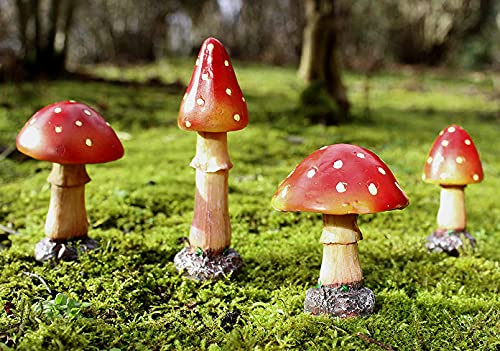 Garden Mile 4pc Red Toadstool Mushroom Garden Ornaments Outdoor indoor Fairy Garden Accessories Weatherproof Mushroom Ornaments For All Year Round Perfect for Flowerbeds Plant Pots Outdoor Decor