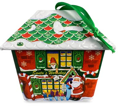 Plåtburk i form av ett litet hus Santa Haus med hängare, kakburk dekorativ låda, choklad, ca 11 x 8,5 x 9,5 cm volym: 200 ml