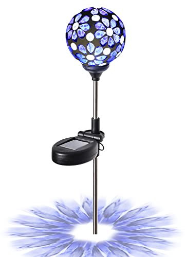 WNP Solar Garden Decorative Stakes Blue Outdoor Waterproof Mosaic Solar Powered Flower Petal Ball Light Colorful Glow for Yard Pathway Great Gift for Mom and Girls