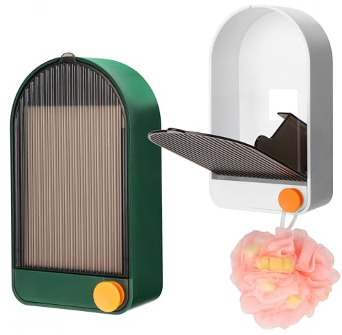 NiHome 2er-Set Wandmontage Seifenbox mit Deckel und Abfluss, selbstklebend, bohrfrei, wasserdicht, staubdicht, rutschfest, für Badezimmer, Dusche, Badewanne, Küche (Grün + Weiß)