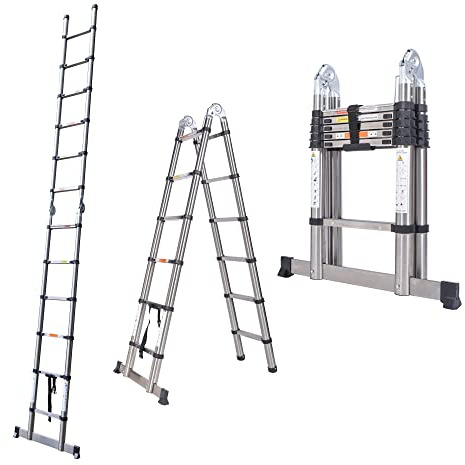 3.8M 12.5ft A Frame Telescopic Folding Ladder Stainless steel Extendable Extension Foldable Portable Steps Ladders Indoor Outdoor 330lbs Load Capacity