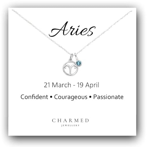 Aries Zodiac Necklace with Birthstone | Star Sign Circle Pendant Necklace | Sterling Silver Adjustable Chain | Horoscope Jewellery | March or April Birthstone Gift