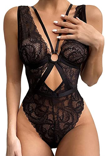 Sexy Lace Bodysuit for Women Naughty Hollow Out Mesh Badydoll Lingerie V Neck Cross Straps Sleepwear Cutout Wasit Jumpsuit One Piece Slim Underwear Stretch Chemise Nightwear for Halloween Party (M)