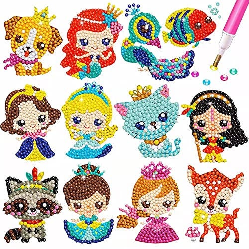BOUTIKS 5D Diamond Painting Mädchen, 12 Stücke DIY Tiermalerei Tiere Prinzessin Diamant Aufkleber Kit Diamant Malerei Kits für Aufkleber Mädchen Geburtstagsgeschenk