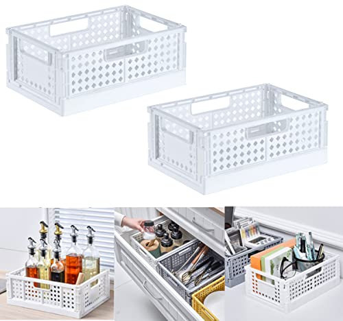 Lot de 2 paniers de rangement de cuisine pliables en plastique durables empilables fruits légumes panier à provisions boîte organisateur boîtes de rangement multifonctions（Blanc）