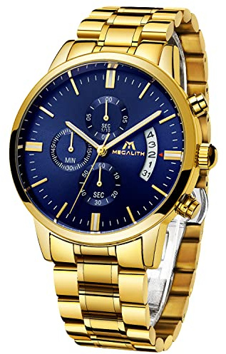 MEGALITH Reloj Hombre Cronografo Acero: Oro Relojes de Pulsera Analógico Cuarzo Luminoso Fecha