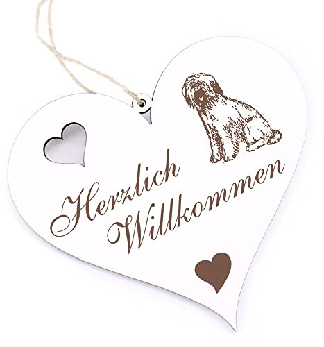 Herzlich Willkommen Schild - Briard Hund - Deko Herz Holz Willkommensschild Türschild Dekoschild Türdeko