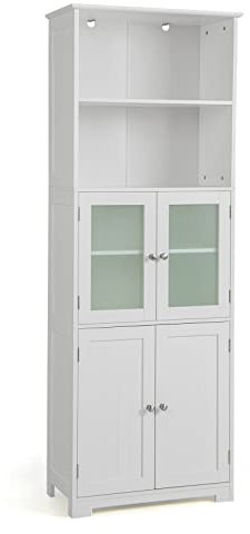 COSTWAY Bathroom Tall Cabinet, Freestanding Storage Cupboard with Tempered Glass Door and Open/Adjustable Shelves, Wooden High Floor Storage Cabinet for Living Room Kitchen Hallway (White)