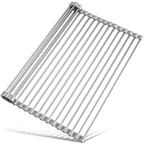 Tomorotec Escurridor enrollable para secar platos sobre el fregadero, cubierta para fregadero, accesorios para fregadero de cocina, organizador multiusos, escurridor plegable de acero inoxidable, 45 x