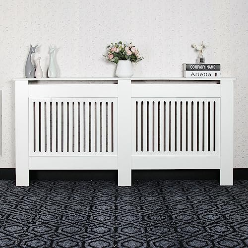 Radiator Cover Modern MDF Wood White Vertical Slat Living Room Bedroom Hallway Cabinet (Extra Large)