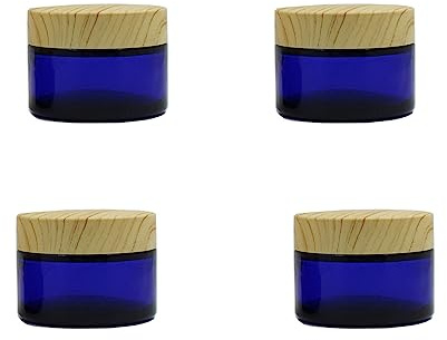 Lot de 4 petits bocaux en verre bleu rechargeables de 30 g avec couvercles, petits pots à crème, vides et ronds pour échantillons, poudre, crème, lotion, épices, crèmes croustillantes, huiles,