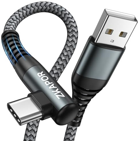 ZKAPOR Câble USB C 90 Degrés 1M, Cable USB C Charge Rapide Nylon Tressé Cordon Angle Droit Type C pour iPhone 15/15 Pro Max, Samsung Galaxy S23/S22/S21, Note 10, Huawei P40/P30, Google Pixel - Gris