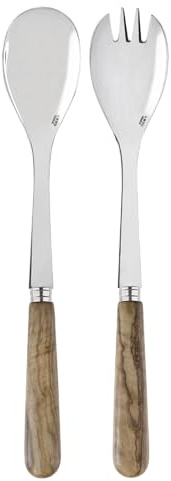 Sabre Paris | Couverts à salade 27cm Lavandou couleur Bois d'Olivier, finition brilante, 2 pièces. Grande fourchette et grande Cuillère en Acier Inoxydable et manche en véritable bois d'olivier
