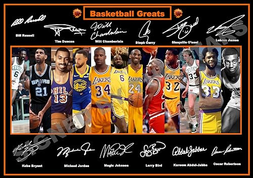 SIGNED BY THE STARS Hochwertiger Kunstdruck All Time Basketball Greats, mit Autogramm von Boxing Kobe Bryant, Michael Jordan etc. (A4-Druck, 29,7 x 21 cm)
